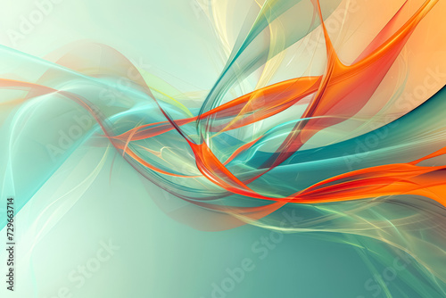 Abstract digital artwork featuring translucent ribbons of color, with orange, teal, and white tones gracefully flowing over a calming aqua background.