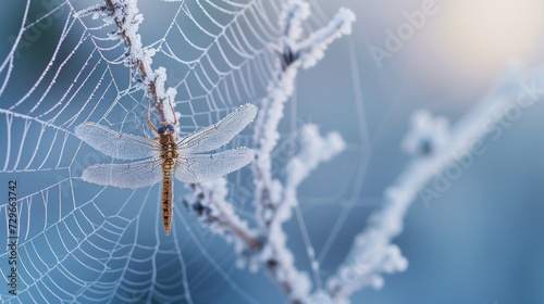  a close up of a spider web with a dragonfly sitting on it's back end in the center of the web, with a blue sky in the background.