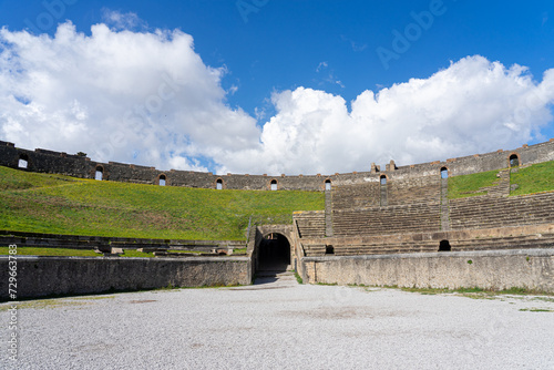 Wall ans seats of amphitheater, or coliseum of the archaeological park of Pompeii-Naples-Italy