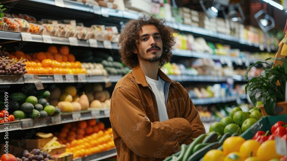Portrait of young ethnic man with curly hair in casual clothes standing near shelves with assorted fresh vegetables and fruits while shopping indoors