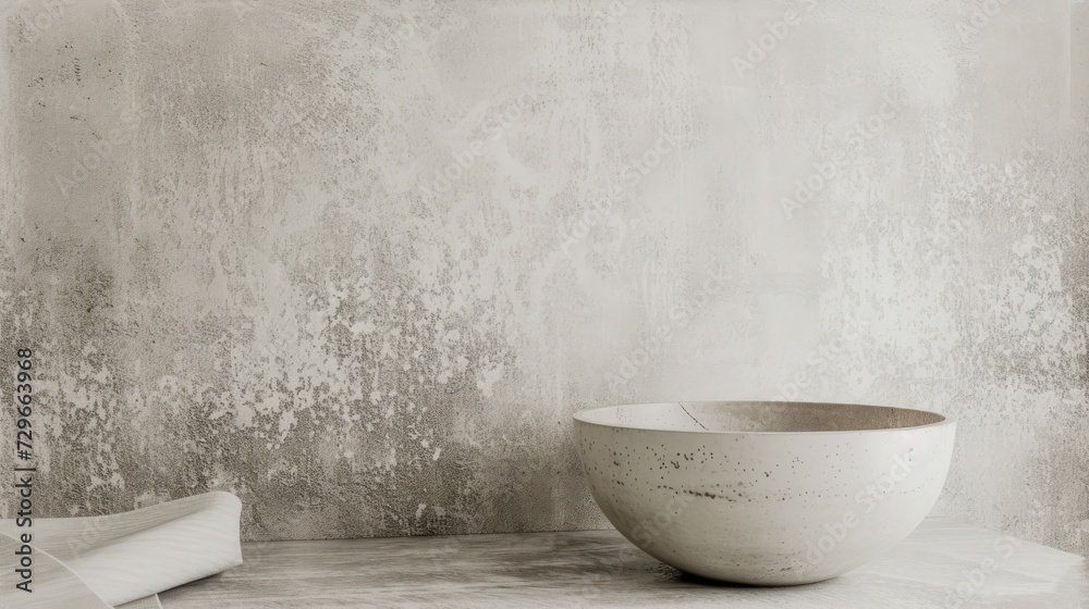 a white bowl sitting on top of a table next to a roll of toilet paper on top of a wooden table next to a roll of toilet paper on the floor. a white bowl sitting on top of a table next to a roll of toilet paper on top of a wooden table next to a roll of toilet paper on the floor.