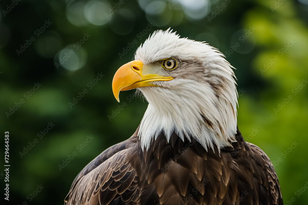 Portrait of a bald eagle with a sharp yellow beak, piercing eyes, and white feathered head against a blurred green backdrop. Portrait of a bald eagle with a sharp yellow beak, piercing eyes, and white feathered head against a blurred green backdrop.