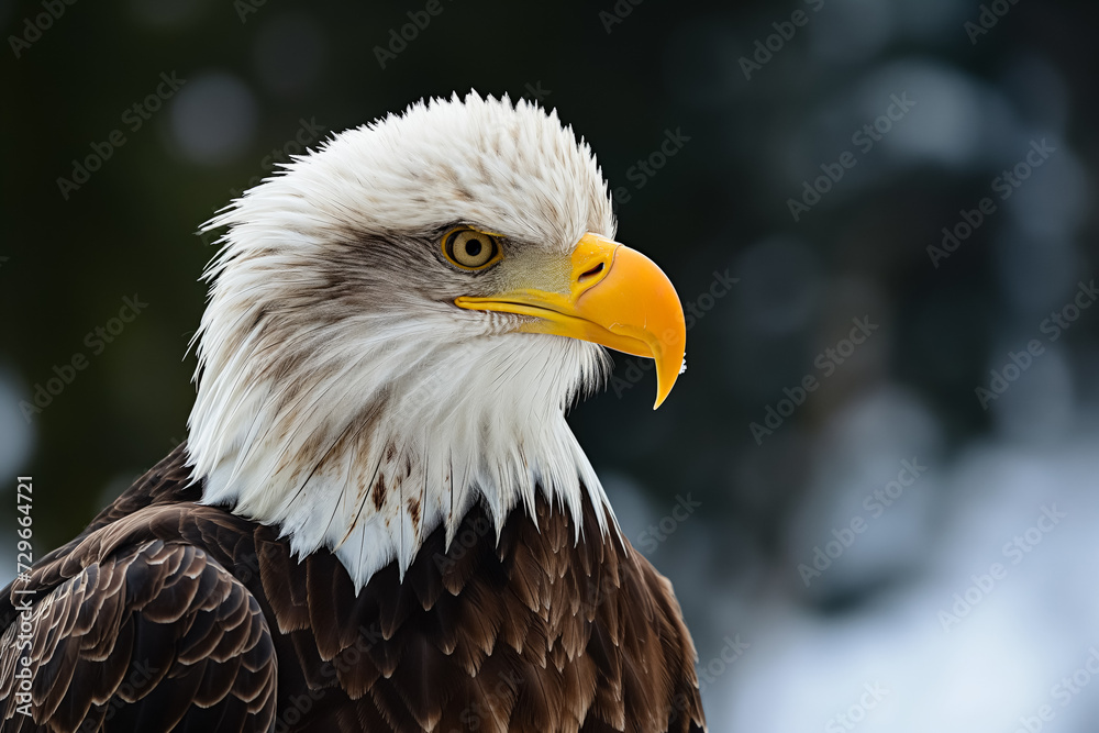 Intense portrait of a bald eagle facing right with a snowy background, highlighting its sharp yellow beak and piercing eyes. Intense portrait of a bald eagle facing right with a snowy background, highlighting its sharp yellow beak and piercing eyes.