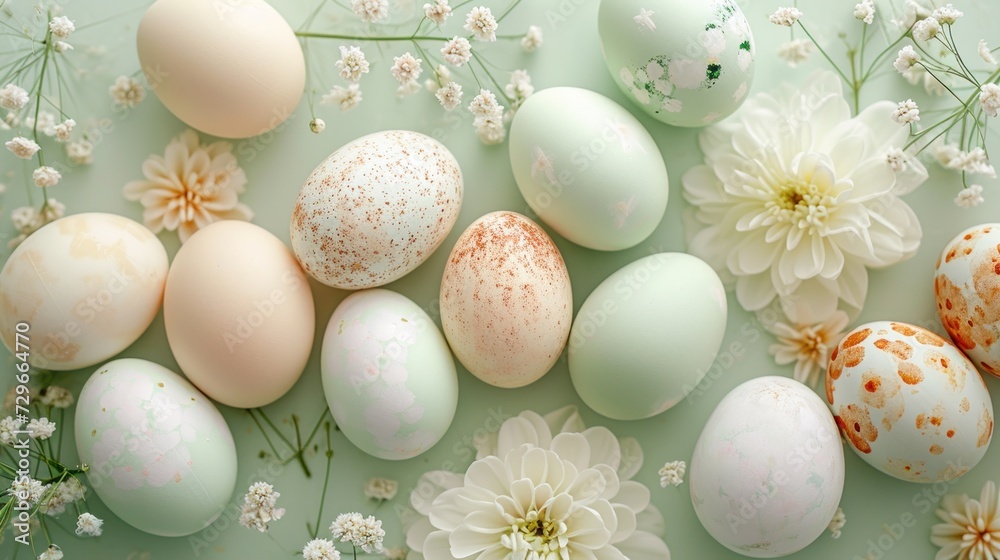 a group of eggs sitting next to each other on top of a green surface with flowers and daisies on the side of the eggs are painted in different colors. a group of eggs sitting next to each other on top of a green surface with flowers and daisies on the side of the eggs are painted in different colors.