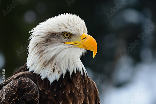 Intense portrait of a bald eagle facing right with a snowy background, highlighting its sharp yellow beak and piercing eyes.