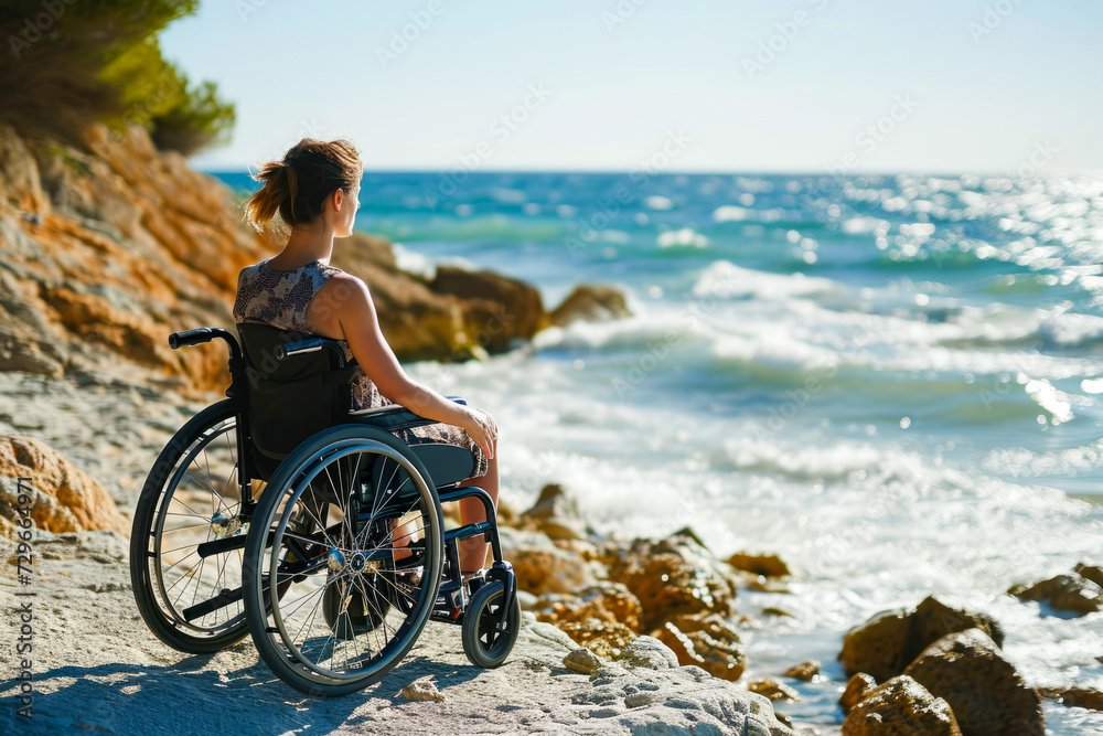 Woman in Wheelchair Observing the Oceans Vast Beauty and Serenity