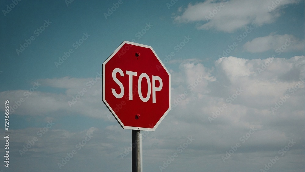 Red stop sign on neutral background.  Minimal abstract warning and forbidden actions concept. With copy space.