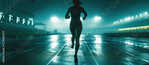 Silhouette of a woman strong athlete running at the stadium in the night view. AI generated image © prastiwi