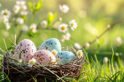 Pastel easter eggs in a nest with spring flowers on green grass. Happy Easter and springtime concept. Simple spring template, greeting card, banner. Minimalistic composition with copy space