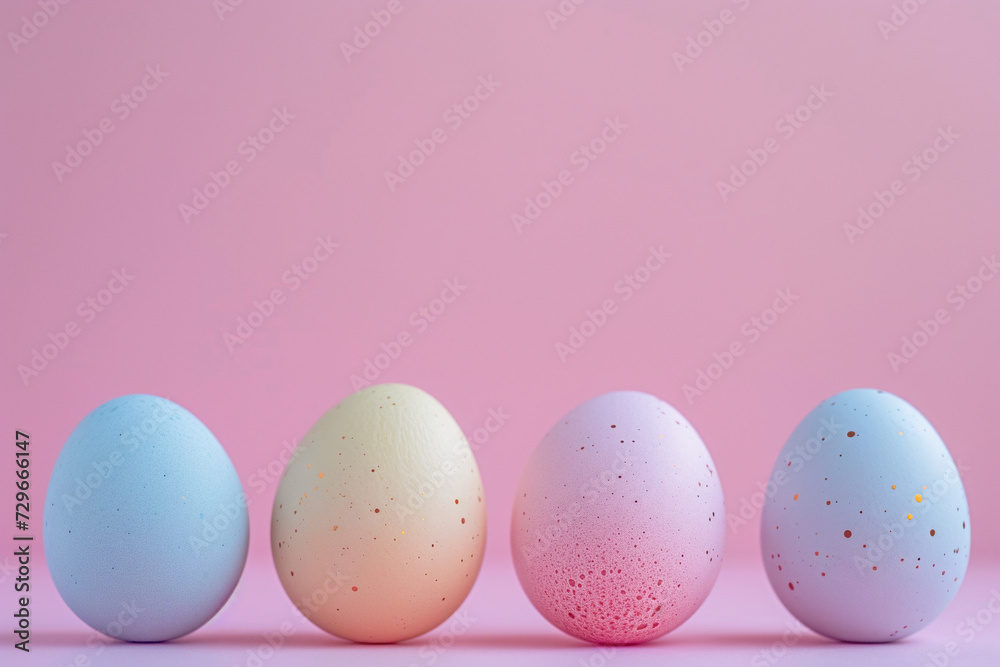 Colorful pastel easter eggs on light pink background. Happy Easter and springtime concept. Simple spring template, greeting card, banner. Minimalistic composition with copy space