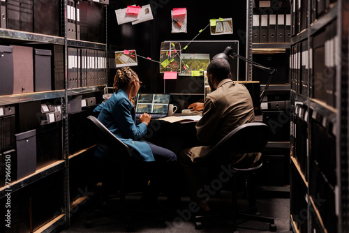 Private detectives looking at surveillance photos on laptop and analyzing report. African american man and woman investigators examining clues in dark agency office at night