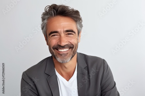 Portrait of a handsome mature man smiling and looking at camera while standing against grey background