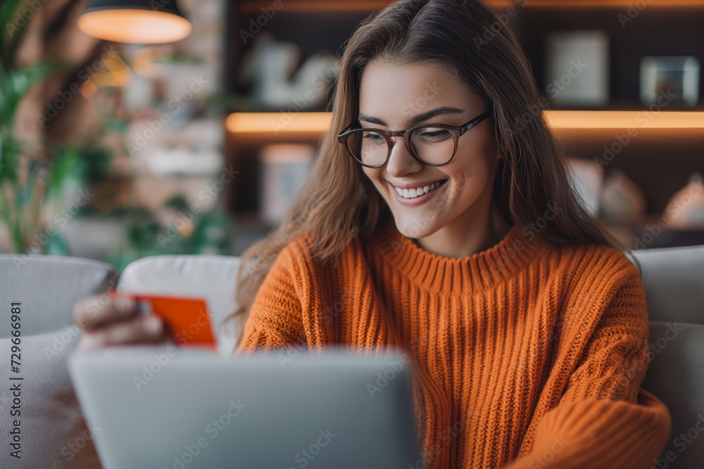 Smiling woman with glasses using a laptop and credit card for online shopping Smiling woman with glasses using a laptop and credit card for online shopping