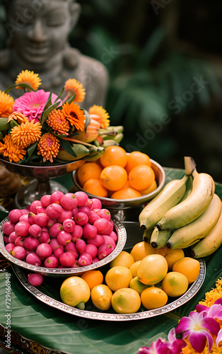 Fresh tropical fruits. Assorted exotic fruits and flowers for traditional puja ceremony to worship. Hindu festival Chhath Puja. Travel and holiday. Healthy food  diet  vegan  vegetarian concept