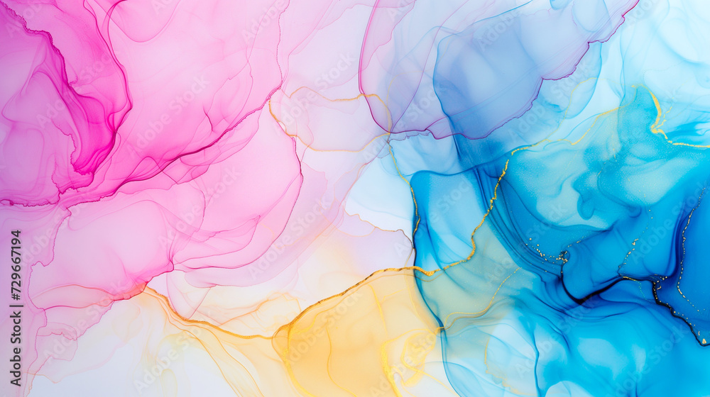 Modern painted artwork of alcohol ink texture in pink, blue, yellow  colors.