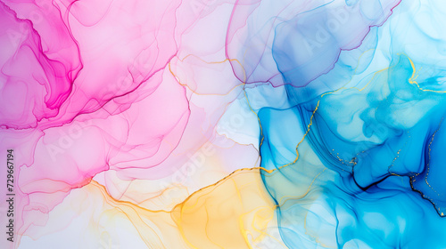 Modern painted artwork of alcohol ink texture in pink, blue, yellow colors.