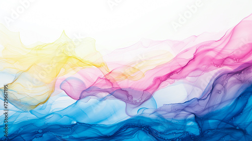 Modern painted artwork of alcohol ink texture in pink, blue, yellow colors.