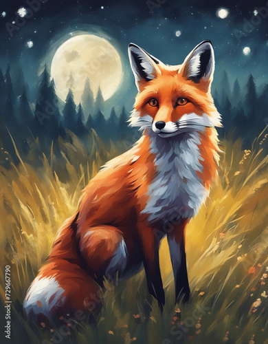 Fox over a night sky. Picture made with watercolors. 