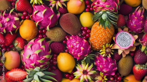  a close up of a bunch of fruit with pineapples, oranges, kiwis, strawberries, and pineapples on top of all. photo