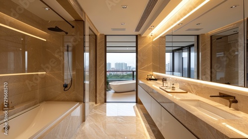  a bath room with a bath tub a sink and a bath tub sitting next to each other in front of a window and a bath tub in the middle of the room.