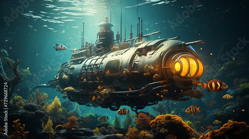 Vintage futuristic submarine exploring an oceanic landscape. Concept of underwater exploration, marine vehicle, ocean adventure, and steampunk design.