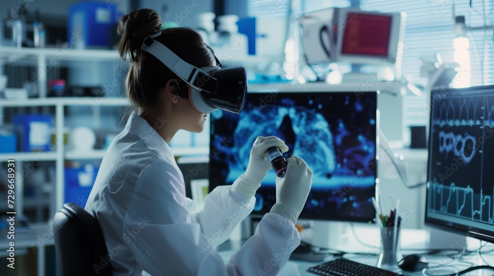 Human Bio Scans Lab Science Lab Scientist in lab coat and virtual reality headset examines a specimen ...