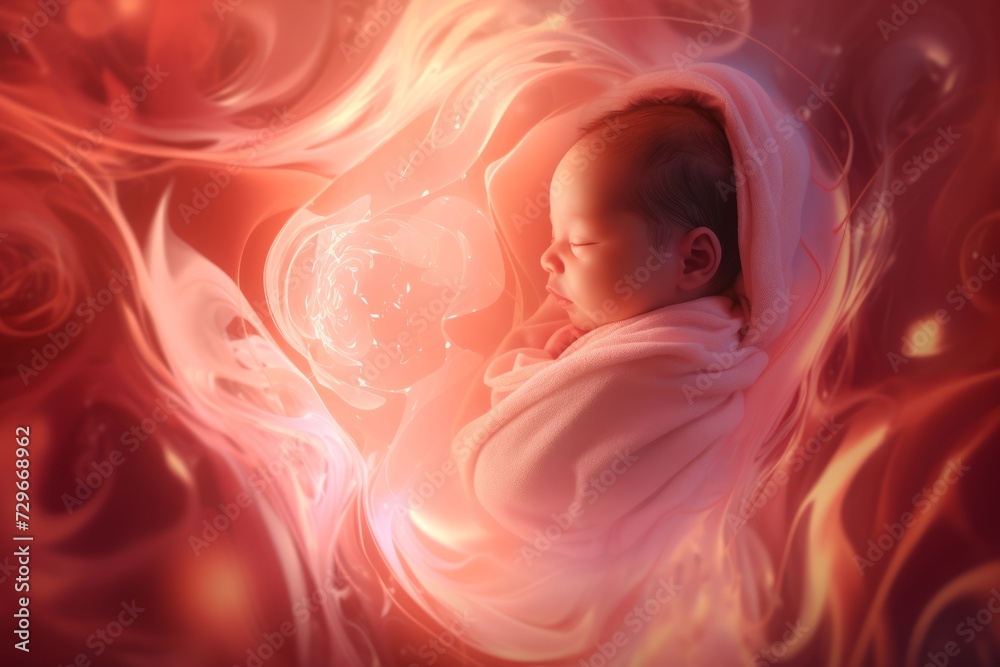 Baby encased in protective swirl of warm red tones. Fetus inside a ...