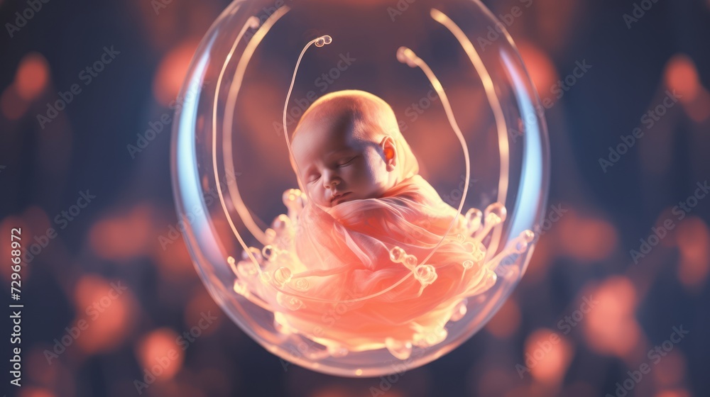 Sleeping infant in a translucent sphere. Fetus inside a glowing womb. Concept of new life, nurturing warmth, comfort, calmness, beginnings, and innocence. - obrazy, fototapety, plakaty 