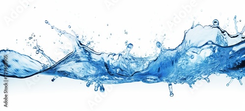 Clear water wave with splashes and bubbles on white background. Wide Banner. Copy space. Concepts of purity, refreshment, cleanliness, nature, delivery of drinking water