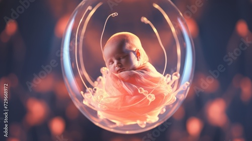 Sleeping infant in a translucent sphere. Fetus inside a glowing womb. Concept of new life, nurturing warmth, comfort, calmness, beginnings, and innocence.