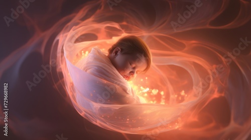 Baby encased in a protective swirl of warm red tones. Fetus inside a glowing womb. Concept of new life, nurturing warmth, comfort, calmness, beginnings, innocence. photo