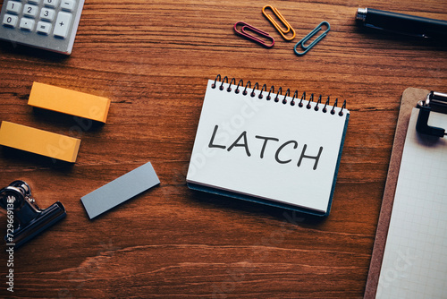 There is word card with the word LATCH. It is an abbreviation for Location, Alphabet, Time, Category, Hieralchy as eye-catching image. © hogehoge511