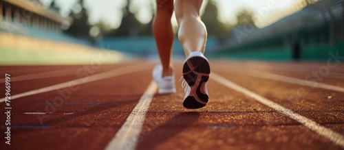 Cropped close up an athlete running on racetrack at stadium at sunny. AI generated image