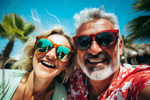 selfie of adult couple with sunglasses on summer vacations