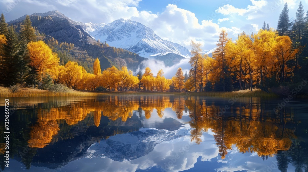  a mountain range is reflected in the still water of a lake with trees in the foreground and a mountain range in the background with snow capped mountains in the distance.