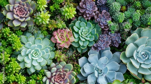  a bunch of different types of succulents in various colors and sizes on a bed of green, purple, pink, and green plants in a close up close up view.
