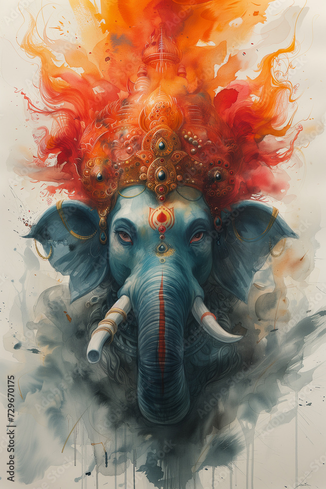 Watercolor Portrait of Hindu God Ganesha, Generative AI