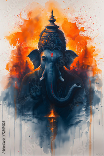 Watercolor Portrait of Hindu God Ganesha, Generative AI
