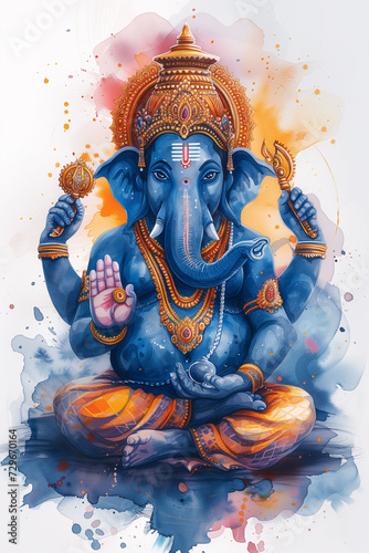 Watercolor Portrait of Hindu God Ganesha, Generative AI