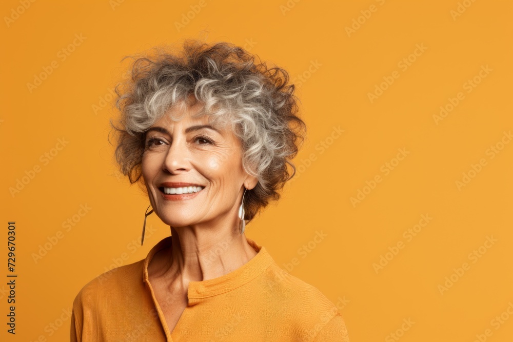 Portrait of smiling senior woman with curly grey hair on yellow background Portrait of smiling senior woman with curly grey hair on yellow background