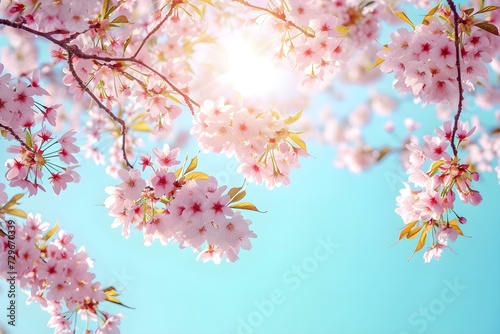 Branches of Blossoming Pink Sakura Macro With Soft Focus on Gentle Light Blue Sky Background in Sunlight With Copy Space. Beautiful Floral Image of Spring Nature. © DavidGalih | Dikomo.