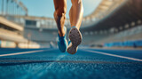 Athlete running on racetrack at stadium. Close up of athlete legs