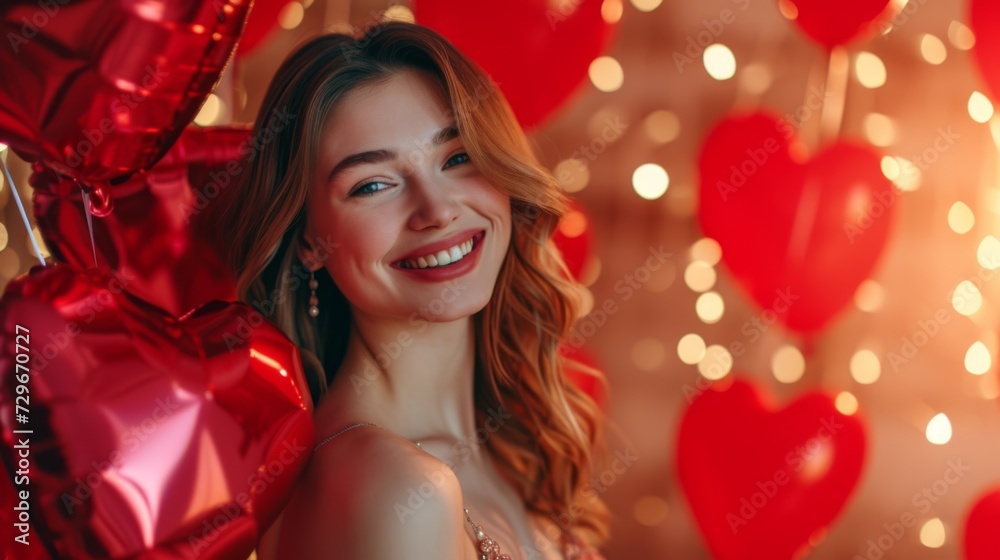 A joyous young woman with cascading wavy hair in a sparkling evening dress surrounded by heart-shaped balloons on a festive background
