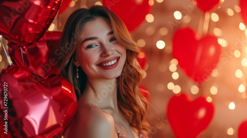 A joyous young woman with cascading wavy hair in a sparkling evening dress surrounded by heart-shaped balloons on a festive background © mikeosphoto