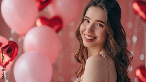 A smiling young woman with wavy long hair in a beautiful evening dress stands next to a heart-shaped balloons, festive background, Valentine's Day celebration