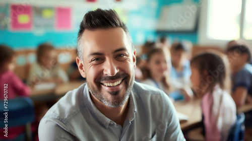 smiling male teacher in a class at elementary school