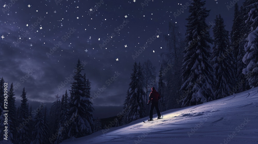  a couple of people standing on top of a snow covered slope under a night sky filled with stars and the stars above them are trees and snow covered in the foreground.