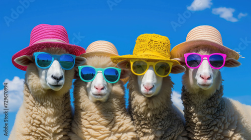 funny sheeps with sunglasses and hat