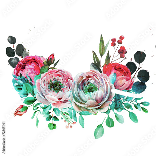 Watercolor floral illustration with multicolor style. Pink flowers and eucalyptus greenery bouquet. Dusty roses, soft light blush peony - border, wreath, frame. 