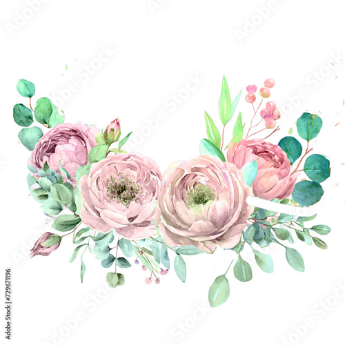 Watercolor floral illustration with multicolor style. Pink flowers and eucalyptus greenery bouquet. Dusty roses, soft light blush peony - border, wreath, frame. 